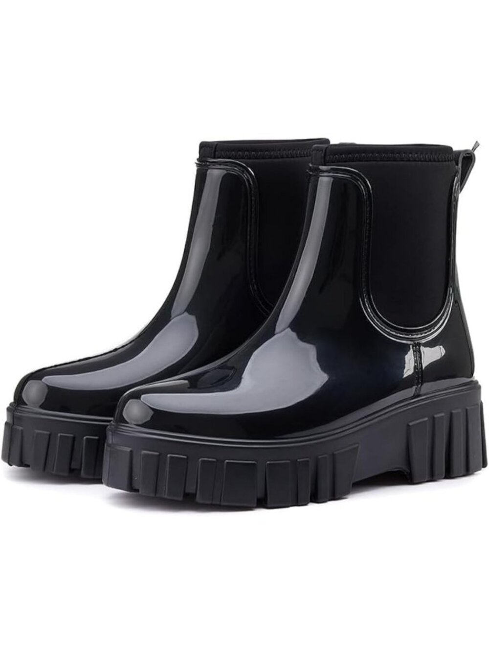 Women's Black Comfortable Platform Rubber Chelsea Ankle Garden Short Rain Boots